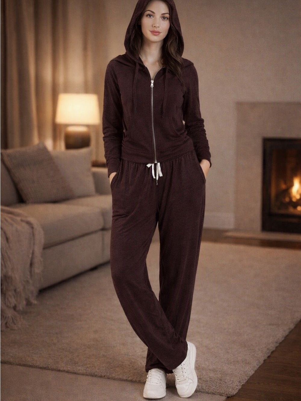 Plush Zip-Front Hooded Lounge Set in Dark Brown